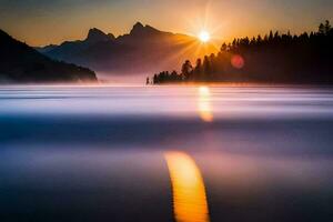 le Soleil monte plus de une Lac et montagnes. généré par ai photo