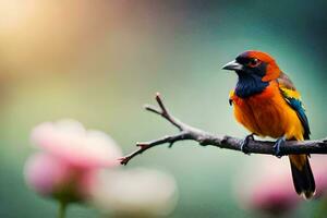 une coloré oiseau est assis sur une branche. généré par ai photo