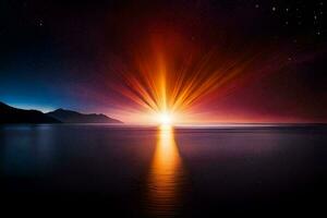 le coucher du soleil plus de le océan avec une brillant lumière brillant. généré par ai photo