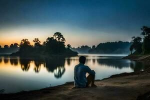 une homme séance sur le rive de une Lac à le coucher du soleil. généré par ai photo