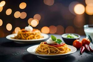 spaghetti avec tomate et mozzarella sur une plaque. généré par ai photo