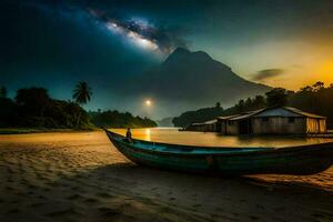 le bateau sur le plage à nuit. généré par ai photo