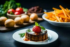 une assiette de nourriture avec une fraise sur Haut et français frites. généré par ai photo