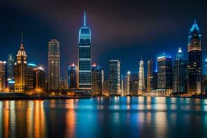 le ville horizon à nuit dans Dubai. généré par ai photo