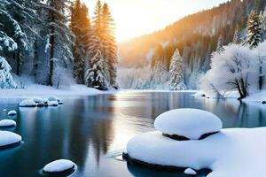 une neigeux rivière dans le l'hiver. généré par ai photo