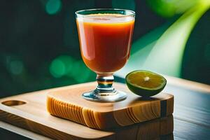 une verre de jus sur une en bois planche. généré par ai photo