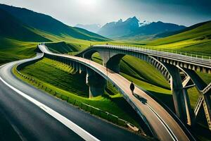 une Autoroute avec une pont plus de une vert vallée. généré par ai photo