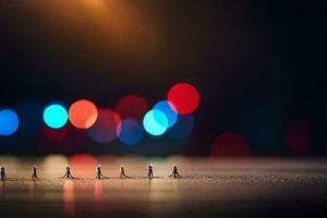 minuscule gens en marchant dans une ligne sur une rue à nuit. généré par ai photo