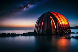 une grand dôme en forme de structure dans le l'eau avec une rouge ciel. généré par ai photo