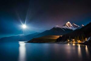 une plein lune brille plus de une Montagne intervalle et lac. généré par ai photo