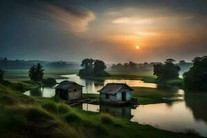 le lever du soleil plus de le rivière. généré par ai photo