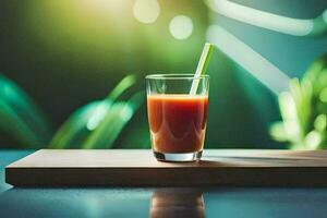 une verre de jus sur une table avec une vert Contexte. généré par ai photo