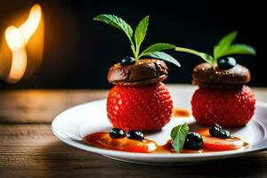 deux des fraises sur une assiette avec myrtilles. généré par ai photo