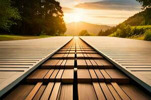 une en bois passerelle avec le Soleil réglage derrière il. généré par ai photo