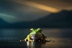 une grenouille séance sur le sol dans de face de une lac. généré par ai photo