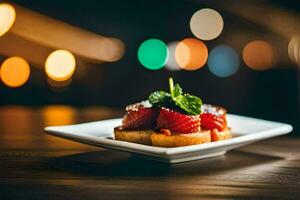 une assiette avec des fraises et menthe sur il. généré par ai photo