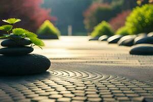 une Zen jardin avec des pierres et les plantes. généré par ai photo