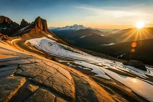 le Soleil ensembles plus de le montagnes dans cette photo. généré par ai photo