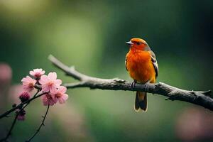 une petit Orange oiseau est assis sur une branche avec rose fleurs. généré par ai photo