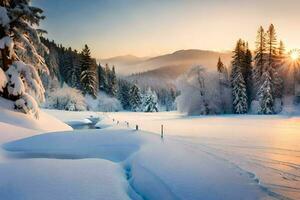 photo fond d'écran le ciel, neige, des arbres, le soleil, le montagnes, le forêt, le. généré par ai