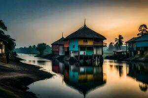 une rivière dans le milieu de une village à le coucher du soleil. généré par ai photo