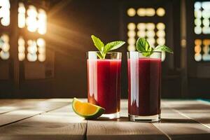 deux des lunettes de rouge jus avec citron vert et menthe. généré par ai photo