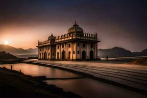 le Soleil ensembles plus de une bâtiment dans Inde. généré par ai photo