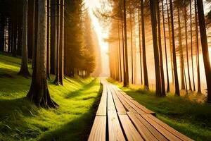 une en bois chemin pistes par le forêt à le coucher du soleil. généré par ai photo