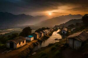 photo fond d'écran le ciel, montagnes, lever du soleil, le soleil, le montagnes, le ciel, le. généré par ai