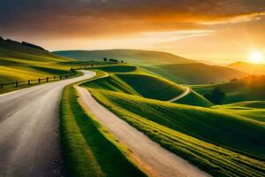 le route à le le coucher du soleil. généré par ai photo