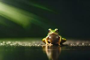 une grenouille séance sur le sol avec une vert lumière. généré par ai photo