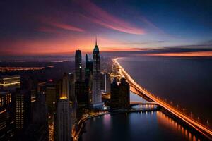 le Chicago horizon à le coucher du soleil. généré par ai photo