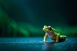 une grenouille séance sur le sol dans de face de une vert Contexte. généré par ai photo