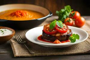 une assiette de nourriture avec Viande, tomates et des légumes. généré par ai photo