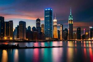 le Manhattan horizon à nuit. généré par ai photo