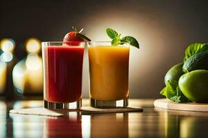 deux des lunettes de jus avec fruit et des légumes. généré par ai photo