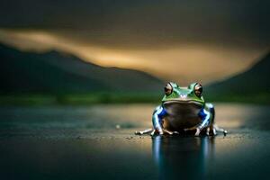 une grenouille séance sur le sol dans de face de une lac. généré par ai photo