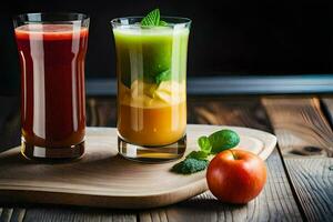 deux des lunettes de jus avec un Pomme et une menthe. généré par ai photo