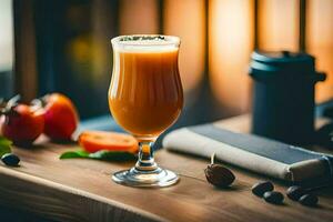 une verre de Orange jus sur une tableau. généré par ai photo