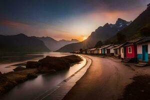 une plage avec Maisons et montagnes à le coucher du soleil. généré par ai photo