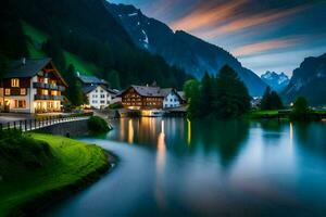 photo fond d'écran le ciel, montagnes, eau, lac, loger, village, le nuit, le. généré par ai