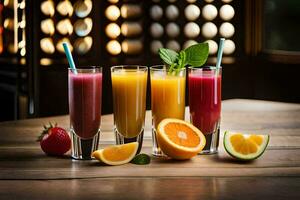 quatre des lunettes de jus avec fruit et menthe feuilles. généré par ai photo