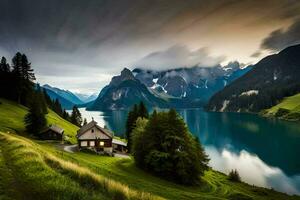 une Lac et Montagne paysage avec une maison sur le côté. généré par ai photo