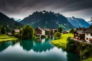 une Lac et une Montagne village dans le Suisse Alpes. généré par ai photo