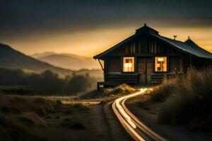 une train des pistes court par le milieu de une champ à le coucher du soleil. généré par ai photo