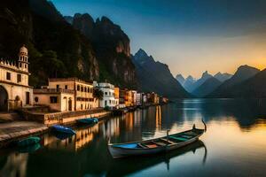 photo fond d'écran le ciel, montagnes, bateaux, lac, coucher de soleil, le montagnes, lac, le. généré par ai