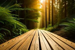 en bois chemin dans le forêt avec Soleil brillant à travers. généré par ai photo