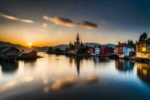 une magnifique le coucher du soleil plus de une Lac avec Maisons et montagnes. généré par ai photo