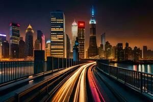 une ville horizon à nuit avec lumières sur le bâtiments. généré par ai photo