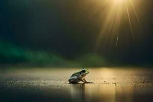 une grenouille séance sur le sol dans de face de le Soleil. généré par ai photo